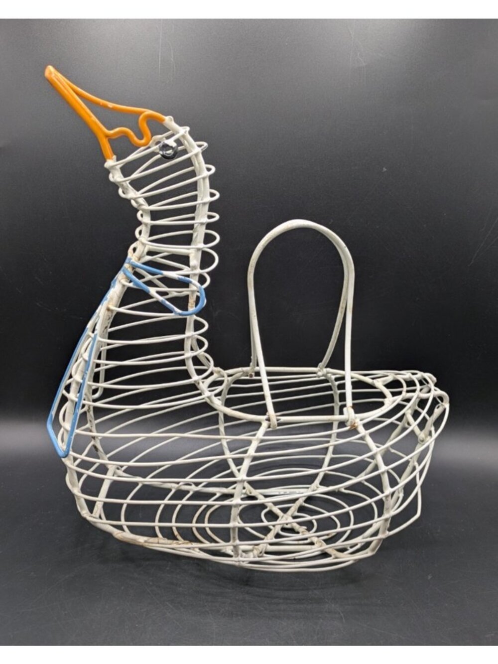 Vintage Coated Metal Wire Egg Basket Duck Goose with Blue Bow 13" Cottagecore
